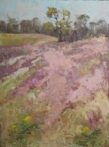Painting of purple flowers in a field