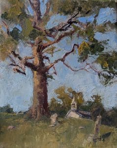 Painting of a tree, cemetery, and church